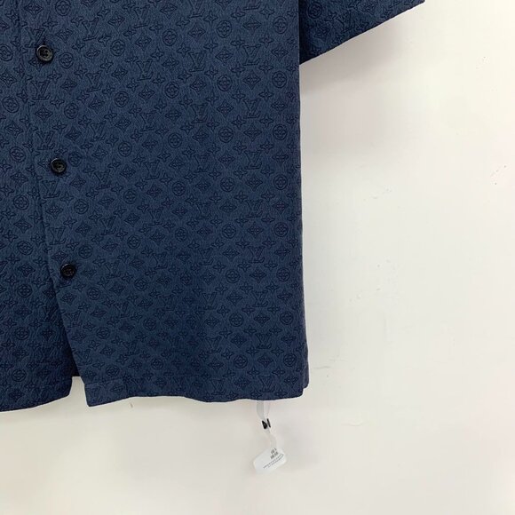 LOUIS VUITTON Mens Monogram Short Sleeve Button Down Shirt Size M Navy Blue Made - Picture 6 of 7